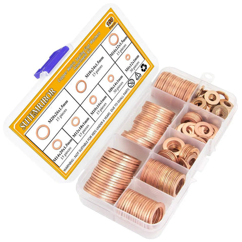 Eight Sizes Copper Metric Sealing Washers And Flat Washers 150 Pieces Assortment Kit M6 M8 M10 M12 M14 M16 M18 M20 case