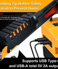 Cordless Soldering Iron Station For 20V Max Batteries With USB Type C Fast Heating Portable Soldering Tool For Electronics Repair And DIY Projects No Battery Included Compatible With DCB203 DCB204 DCB205 DCB206 showing welding tip holder and USB ports.