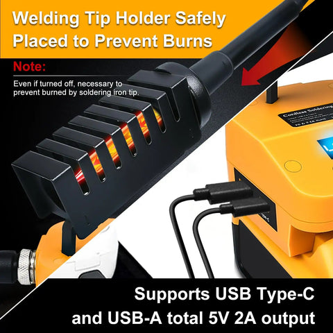 Cordless Soldering Iron Station For 20V Max Batteries With USB Type C Fast Heating Portable Soldering Tool For Electronics Repair And DIY Projects No Battery Included Compatible With DCB203 DCB204 DCB205 DCB206 showing welding tip holder and USB ports.