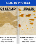 Comparison of sealed and unsealed surfaces showing staining protection with Advanced Penetrating Stone Grout Tile And Countertop Sealer Blocks Water Stains And Slipping Hazards With A No Hassle Tough As Nails Formula Inside A Gallon Jug For Easy Home Upkeep.