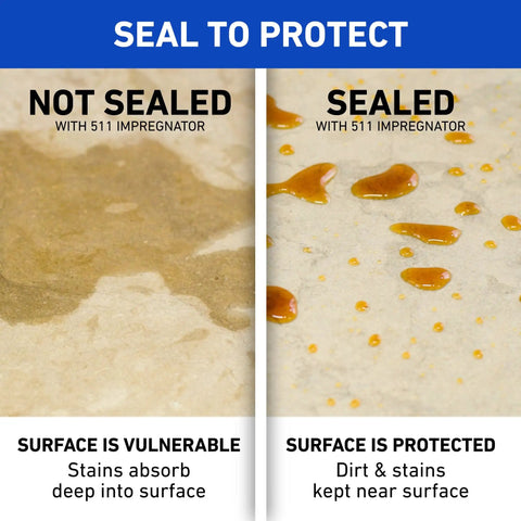 Comparison of sealed and unsealed surfaces showing staining protection with Advanced Penetrating Stone Grout Tile And Countertop Sealer Blocks Water Stains And Slipping Hazards With A No Hassle Tough As Nails Formula Inside A Gallon Jug For Easy Home Upkeep.
