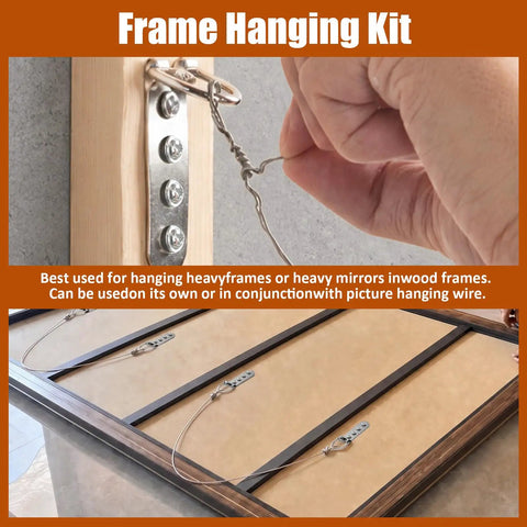 Heavy Duty Picture Hanging Hooks Set 12 Pcs D Ring Wall Hangers for Frames Mirrors and Canvas Art Stainless Steel Bulk Hardware Includes 48 Screws and Bubble Level for Easy Gallery Wall Mounting, D-ring on wood frame