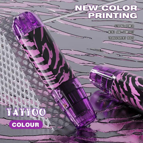 Wireless Tattoo Pen Kit For Beginners With 10 Needles And 7 Ink Colors, cordless machine with purple design on metallic surface