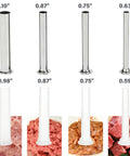 Manual Sausage Stuffer Press Vertical 304 Stainless Steel Sausage Maker 3L Capacity About 6 Lb Includes 8 Tubes In 6 Sizes 15 16 19 22 25 28mm Stainless And Plastic Tube Set For Home Casing And Grilling DIY Backyard Friendly, showing stainless and plastic tubes with various diameters for stuffing meat.