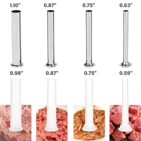 Manual Sausage Stuffer Press Vertical 304 Stainless Steel Sausage Maker 3L Capacity About 6 Lb Includes 8 Tubes In 6 Sizes 15 16 19 22 25 28mm Stainless And Plastic Tube Set For Home Casing And Grilling DIY Backyard Friendly, showing stainless and plastic tubes with various diameters for stuffing meat.