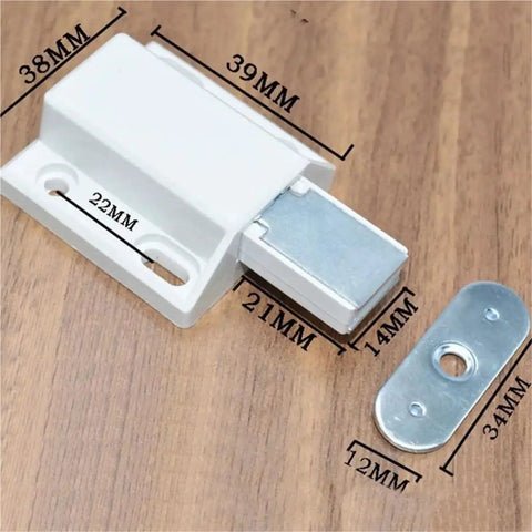 Magnetic Touch Cabinet Latch Hands Free Opening No Fuss No Handle Design easy install dimensions shown on wood surface