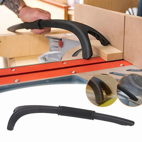 Miter Saw Hold Down Stick With Forked Design And Upgraded Rubber Feet in use, guiding wood on a table saw with ergonomic handle