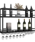 Top Shelf Wall Mounted Wine Rack With Dual Tier Wood And Metal Shelves For Bottles And Glasses Hella Ready Home Bar Display Stand That Knocks It Out Holding Your Liquor Collection In Matte Black with wine bottles and glasses.