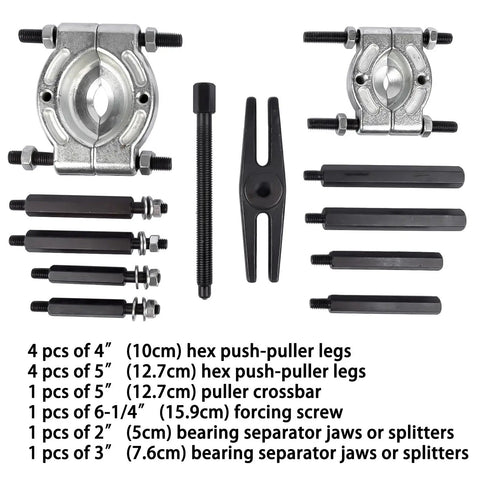 Beefy 12 Piece Bearing Puller Set With 5 Ton Capacity And 2 Inch And 3 Inch Jaws Wheel Hub Axle Puller Kit with components displayed