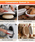 All In One Sourdough Starter Kit With 9 Inch Round And 11 Inch Oval Banneton Proofing Baskets Nonstick Liners Covers Whisk Dough Scraper Lame Temperature Probe And 39 Piece Bake Tool Set For Home Bakers showing proofing, storing, washing, and hanging.
