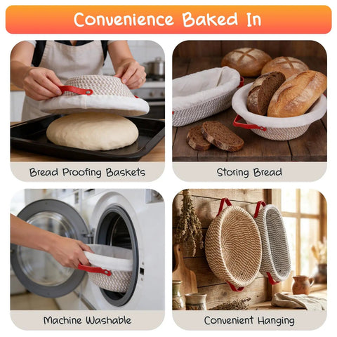 All In One Sourdough Starter Kit With 9 Inch Round And 11 Inch Oval Banneton Proofing Baskets Nonstick Liners Covers Whisk Dough Scraper Lame Temperature Probe And 39 Piece Bake Tool Set For Home Bakers showing proofing, storing, washing, and hanging.