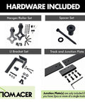 Rustic Black Double Track U Shape Bypass Sliding Barn Door Hardware Kit components including rollers, spacers, and brackets