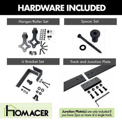 Rustic Black Double Track U Shape Bypass Sliding Barn Door Hardware Kit components including rollers, spacers, and brackets