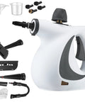 Hella Strong Handheld Steam Cleaner With 12 Nifty Tips For Banishing Stubborn Stains On Auto Upholstery Tile Floors And Fabric Couches In Sharp Deep Gray Body That Crushes Dirt Quick and accessories.