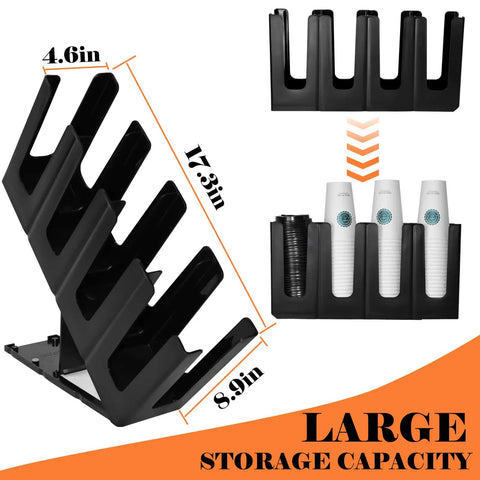 Two Pack Paper Cup And Lid Holder 4 Compartment Disposable Cup Dispenser showing dimensions and storage with cups inserted.