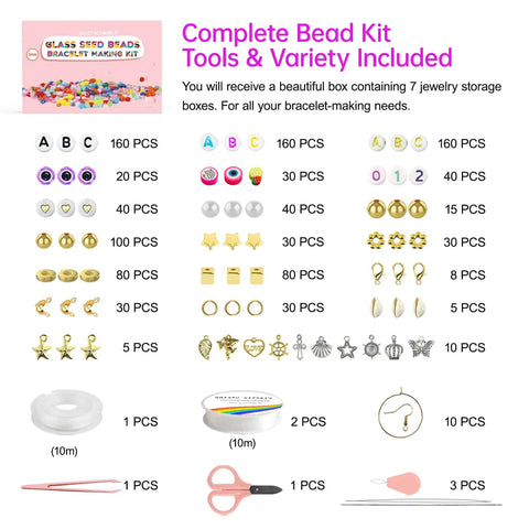 All In One Glass Seed Beads Kit With Over 44000 Beads In 144 Colors 1000 Charms Clasps Chains Needles Threaders Elastic Cords