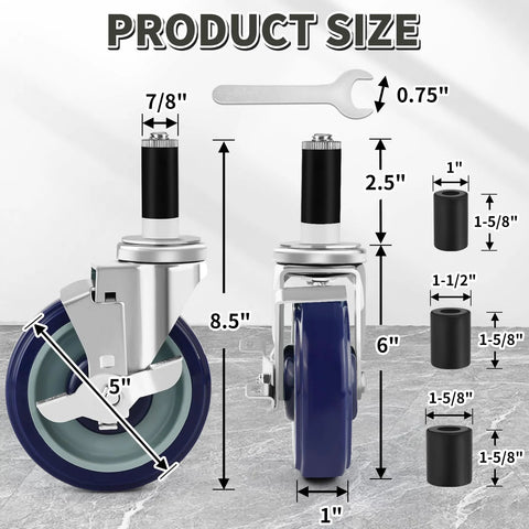 Besitu 5-inch prep table wheels, set of 4, expanding stem casters for 7/8–1-5/8 in tubes; blue wheels with metal mount