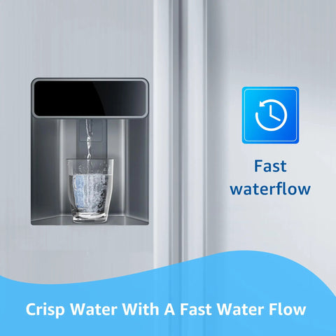 Glass filling with water using LT1000PC Replacement Refrigerator Water Filter For LG And Kenmore 46-9980, highlighting fast flow.