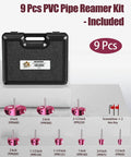 9-Piece PVC Pipe Reamer Kit With Fitting Saver And Socket Saver Plumbing Tool Set For Schedule 40 PVC Pipes displayed with case and tools