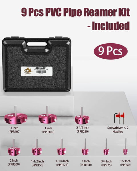 9-Piece PVC Pipe Reamer Kit With Fitting Saver And Socket Saver Plumbing Tool Set For Schedule 40 PVC Pipes displayed with case and tools
