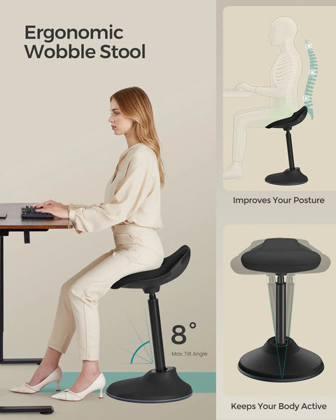 Woman using Ergonomic Wobble Stool With Height Adjustable Desk Seat For Standing Use, 23.6 To 33.3 Inches Range, Ink Black