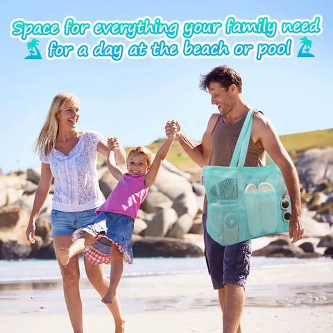 Family at beach with Blue Mesh Beach Bag With Zipper, Large Sandproof Waterproof Tote for beach toys and pool gear, 8 pockets
