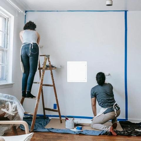 Heavy Duty 6 By 8 Inch Drywall Access Panel With Secure Hinged Cover For Walls And Ceilings, in process of painting wall.