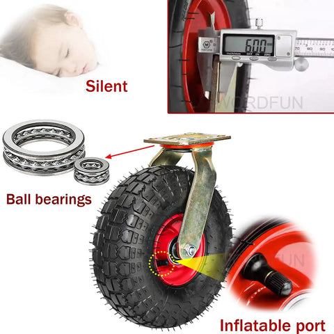 Tough As Nails Heavy Duty Industrial Caster Swivel And Fixed Rubber Trolley Wheel With Parking Brake showing ball bearings and size measurements.