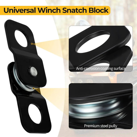 Heavy Duty 8000 Lbs Winch Snatch Block For ATV UTV Universal Fit 3/16 To 5/16 Inch Cable Black Coated Pulley Block 2 Pack Built For Increased Leverage And Heat Control On Tough Trails. black steel snatch block with pulley