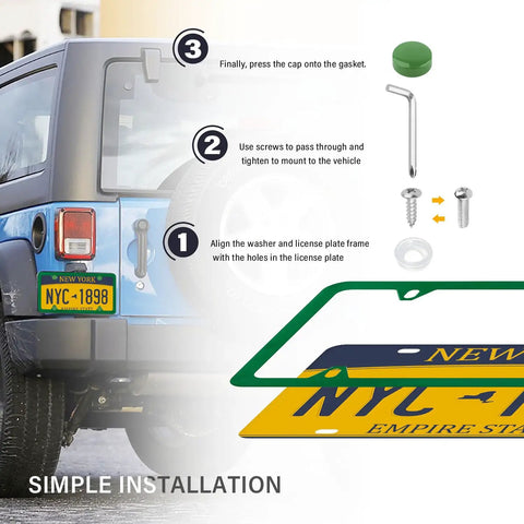 Installation steps of two pack colorful car license plate frames with gaskets screws and caps stainless steel four hole holder
