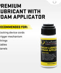 Premium Crossbow Lubricant With Foam Applicator shown with use recommendations for cocking cords, strings, cables, trigger, barrels.