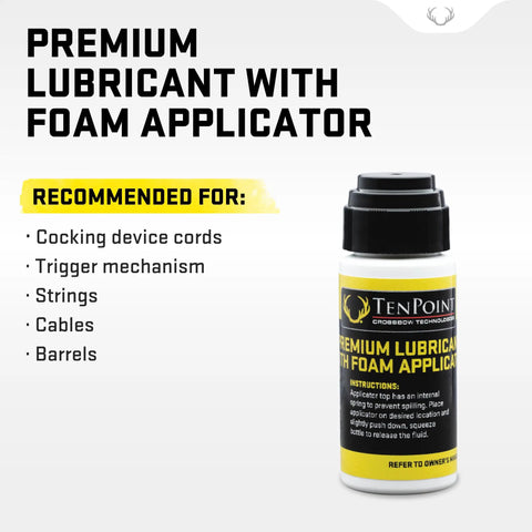 Premium Crossbow Lubricant With Foam Applicator shown with use recommendations for cocking cords, strings, cables, trigger, barrels.