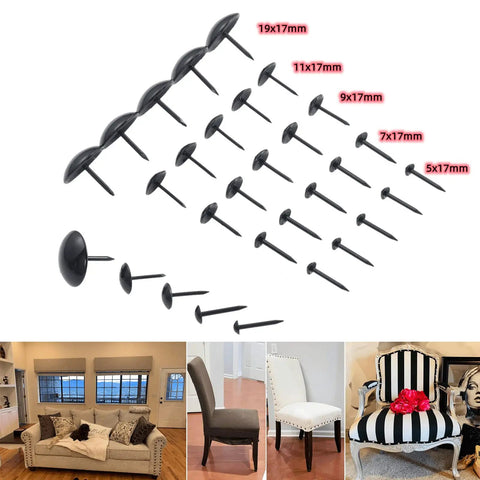 Premium Black Iron Round Head Upholstery Nails And Smooth Furniture Decorative Tacks Stock Up On These Gotta Have Hardware Gems For Any Weekend Warrior Project Around The House 100 Pack, various sizes displayed.