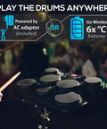 Compact Electronic Digital Drum Kit With Eight Responsive Pads And Kick Pedal Dropping Six Hundred Top Shelf Sounds Usb Midi Integration and Silent Headphone Mode for Night Owl Beat Makers powered by AC or 6 C batteries.