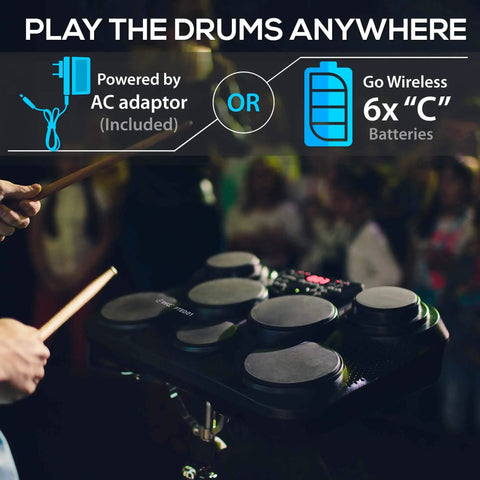 Compact Electronic Digital Drum Kit With Eight Responsive Pads And Kick Pedal Dropping Six Hundred Top Shelf Sounds Usb Midi Integration and Silent Headphone Mode for Night Owl Beat Makers powered by AC or 6 C batteries.