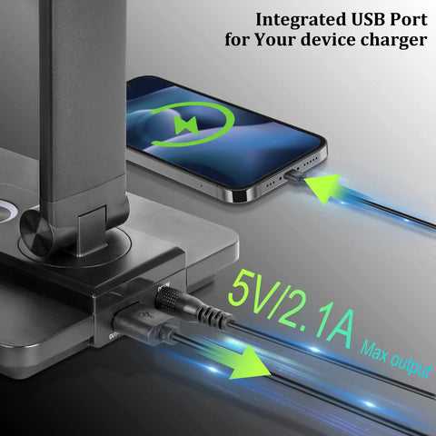 Close-up of Go-To Smart Desk Lamp With 10W Wireless Charger And USB Port showing USB connection and charging smartphone.
