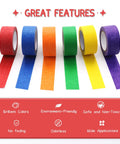 Colorful Masking Tape Set Six 1 Inch By 40 Feet Rolls In Blue Green Red Yellow Orange Purple Perfect For Crafts Labeling Coding DIY Decor And Painting Projects displayed.