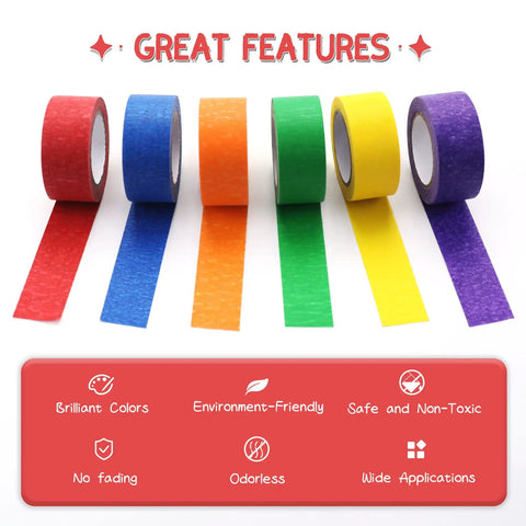 Colorful Masking Tape Set Six 1 Inch By 40 Feet Rolls In Blue Green Red Yellow Orange Purple Perfect For Crafts Labeling Coding DIY Decor And Painting Projects displayed.
