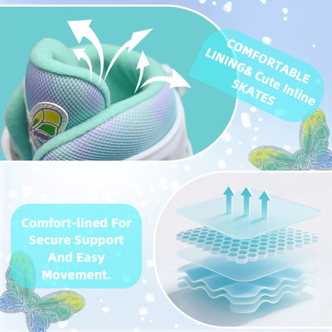 Comfort lining detail of girls inline skates for kids ages 3 to 12, 4 size adjustable roller shoes with light up wheels, butterfly design.
