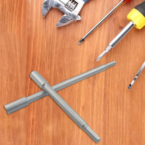 Heavy Duty 2 Pack Seven Plus Ten Inch Forstner Drill Bit Extension With Three Eighth Inch Round Shank, high carbon steel shafts on wooden surface.