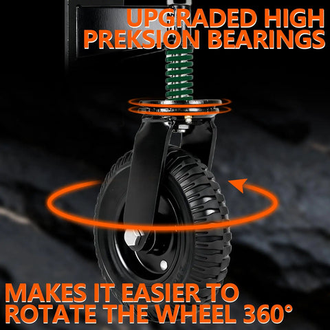8 Inch Fence Gate Wheels Beefy 800 Lb Capacity Heavy Duty Gate Caster with cushioned spring suspension shown in close-up