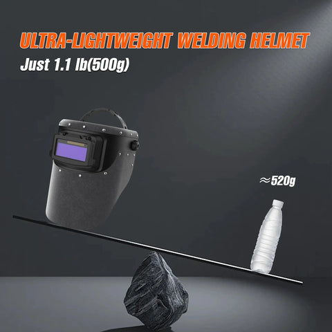 Leather Auto Darkening Welding Helmet With True Color Flip-Up Mask balancing with water bottle, highlighting lightweight design