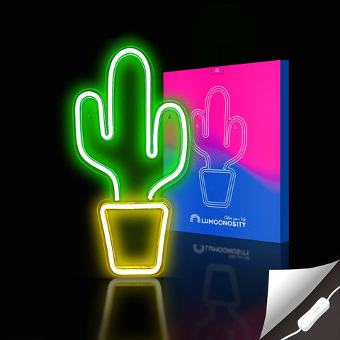Neon cactus-shaped sign in premium acrylic, USB-powered for home bar decor, 16.5 x 8.7 inch. Box with brand logo.