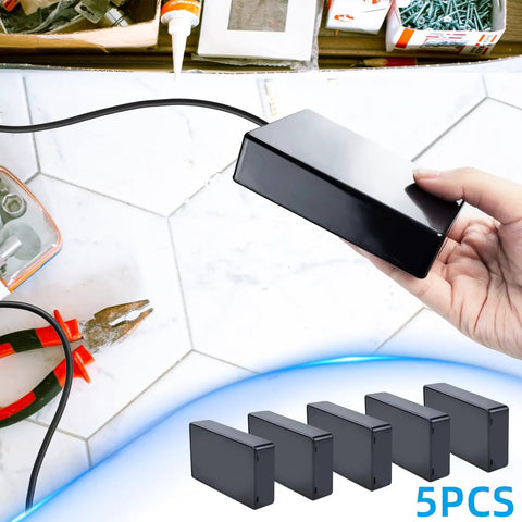 5 Pack IP65 Waterproof Plastic Project Boxes For Electronics 100 X 60 X 25 mm, black enclosures held in hand, DIY projects