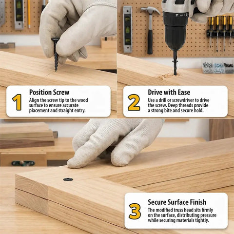 Get Your Hands On These Number 8 X 1/2 Black Modified Truss Head Wood Screws 500 Pack securing wood while demonstrating installation steps.