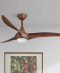Light Wave 52 Inch Ceiling Fan With LED Light Kit in Distressed Koa Finish, remote controlled, mounted on ceiling.