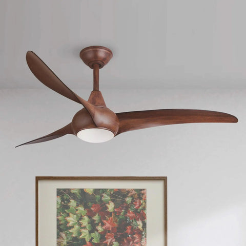 Light Wave 52 Inch Ceiling Fan With LED Light Kit in Distressed Koa Finish, remote controlled, mounted on ceiling.