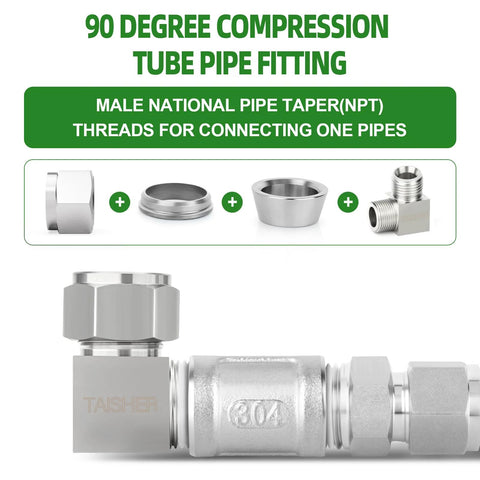 TAISHER 2pc 304 stainless steel square 90-degree compression tube fitting, 1/2 in. tube OD to 1/2 in. NPT male adapter