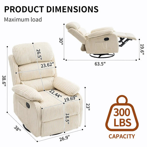 Dimensions of 360 Degree Rocking Recliner Chair With Footrest And Side Pocket, Comfy Velvet Beige Upholstered Single Sofa Armchair