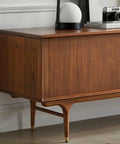 Top Shelf Retro TV Stand Featuring Two Spacious Drawers And Dual Wood Locker Doors Paired With Heavy Duty Media Console And No Sweat Storage Cabinet For A Sweet Family Hangout Space, wooden surface with stylish lamp and camera.